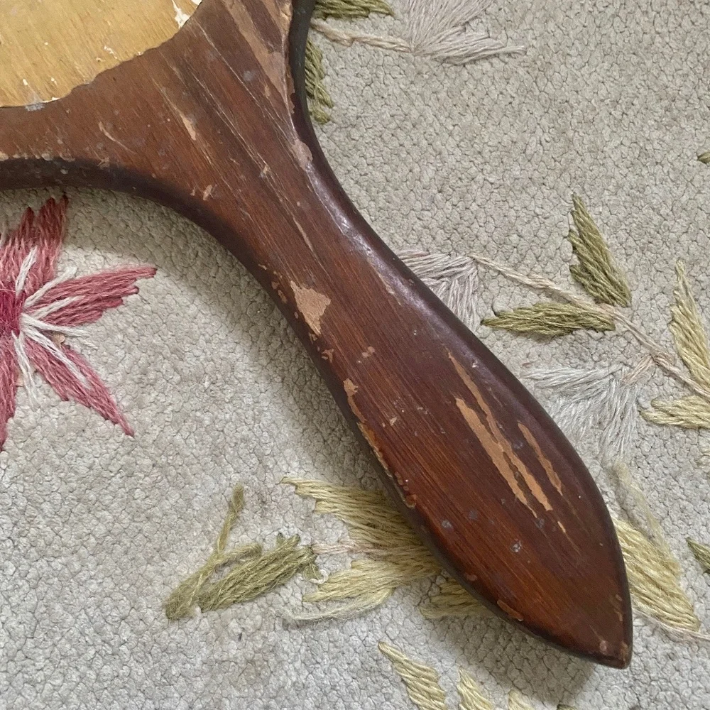 VTG I Long Handle Round Wood Hand Mirror Bird Dogwood Flowers